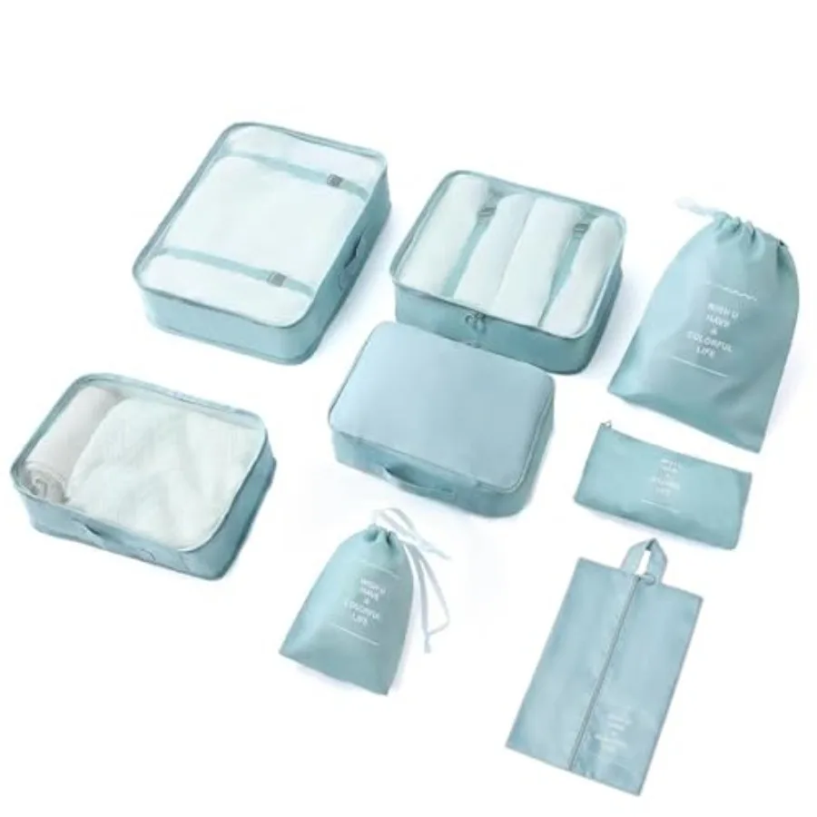 

8 Pieces Mesh Packing Cubes for Travel Luggage Organization Set in Blue with Laundry Bag Storage Shoe Bag and Clothing Underwea