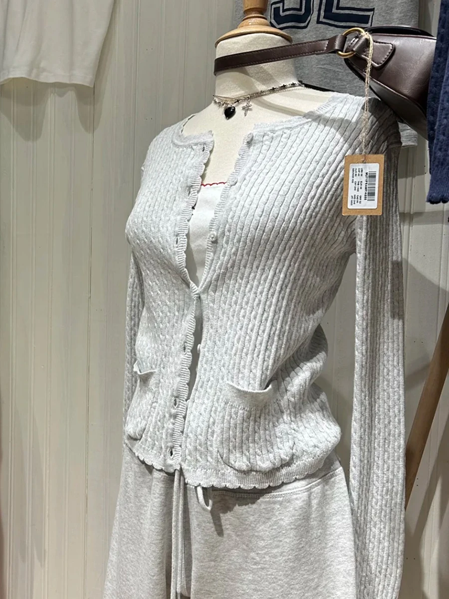 

Витой кардиган с кружевной отделкой, женский осенний свитер с круглым вырезом, однобортный трикотаж с карманами, милый повседневный простой джемпер с длинными рукавами