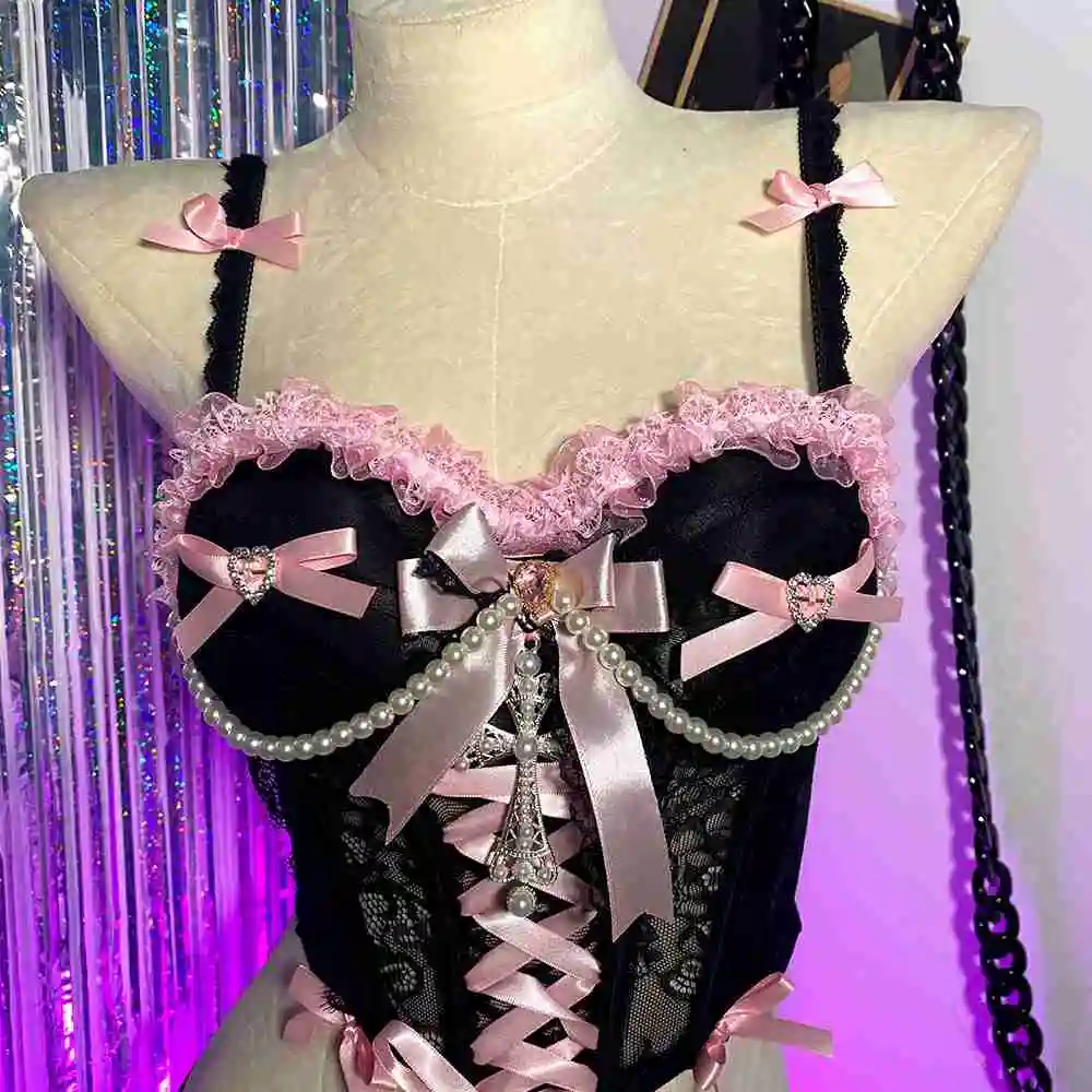 Fashion Revival Bow Punk Rock E-Girls Glitch Core Y2K Halter Camisole TOPS Goth Emo Cross Harajuku Street Wear Gothic Grunge