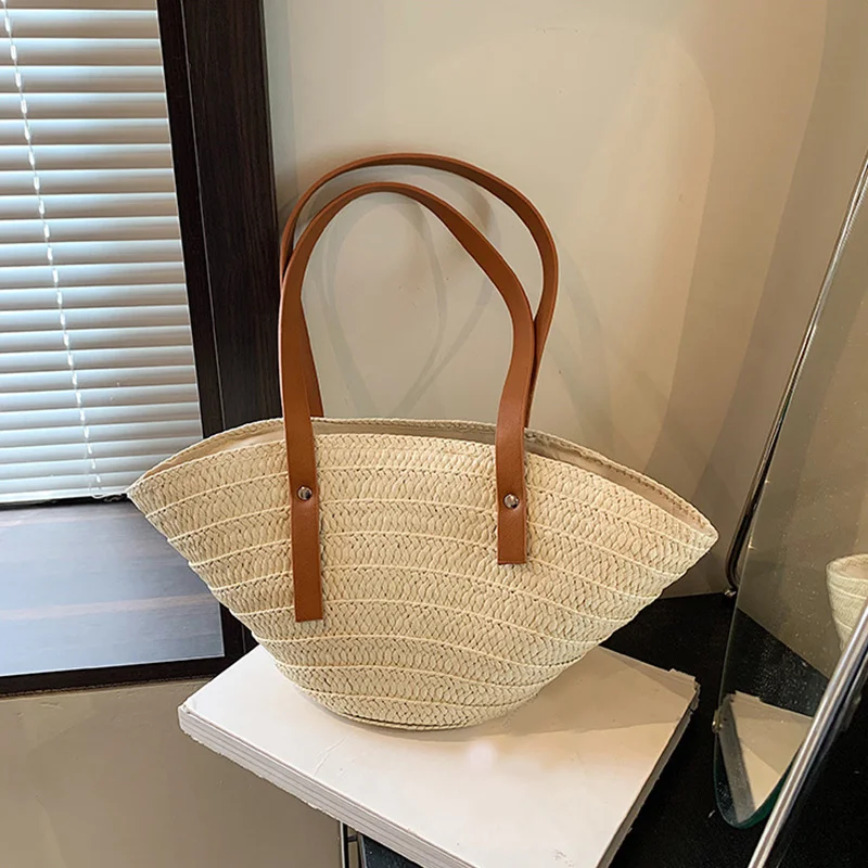 Frauen Geflochtene Korb Top-griff Tasche Große Kapazität Stroh Tragbare Schulter Tasche Sommer Strand Geldbörsen Shopper Satchel Weibliche