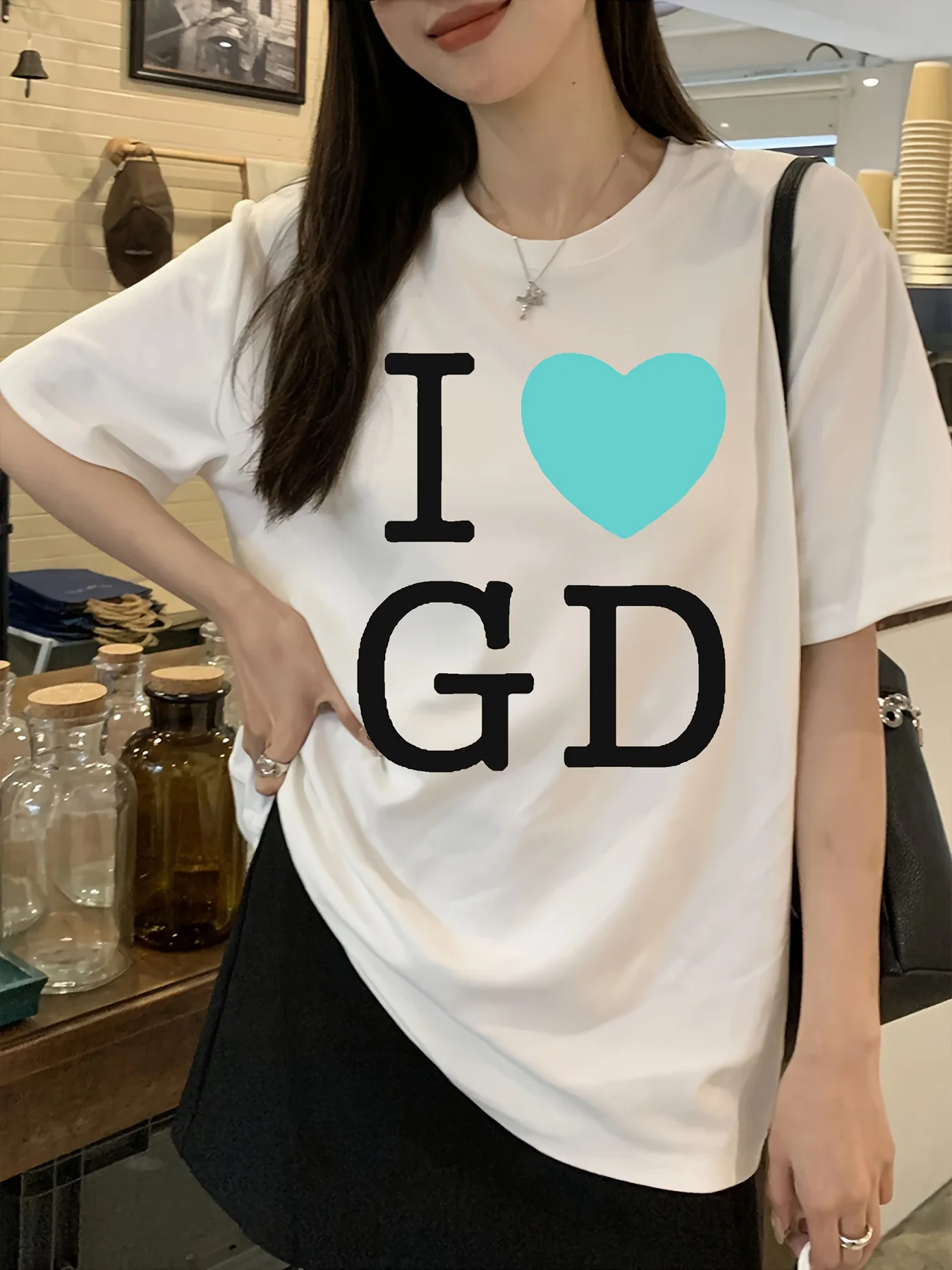 

I Love GD Graphic T-Shirt - White with Loose Short Sleeve Round Neck Top K-Pop Pink Summer Concert Commemorative Edition Top
