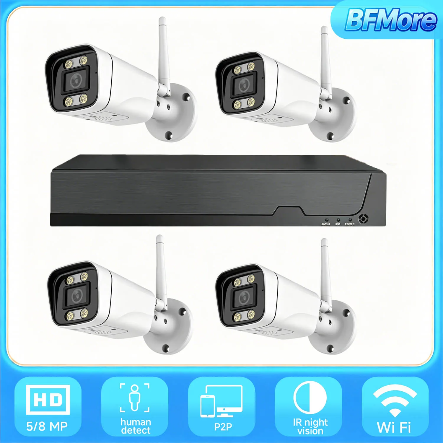

BFMore 4K 8MP Wireless CCTV System Wifi Kit H.265 5MP HD Security Audio Human Detect IP 4CH NVR Video Surveillance Kit
