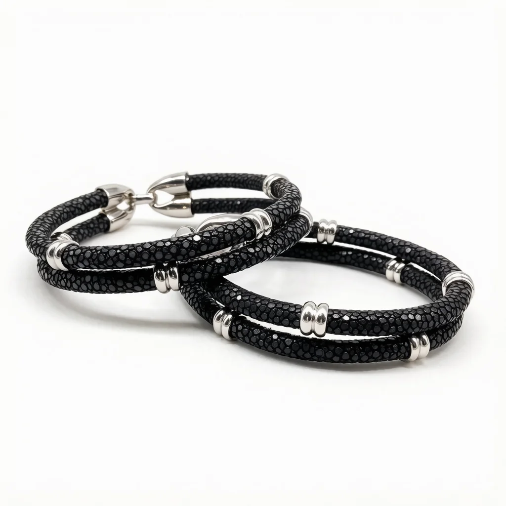 ER Custom  Stainless Steel Bracelet Accessory Wrist Jewelry Two Layer Silver Round with Stingray Leather