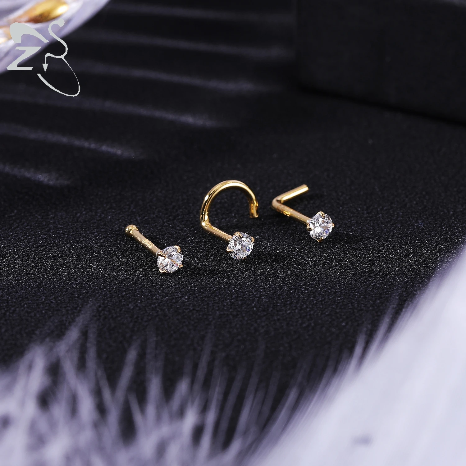 ZS 1 STÜCK 18/20G 925 Sterling Silber Nasenstecker Goldfarbe Kristall Nasenpiercings Schraube L-Form Retainer Nasenloch Piercing 2-3,5 mm – Detail 7