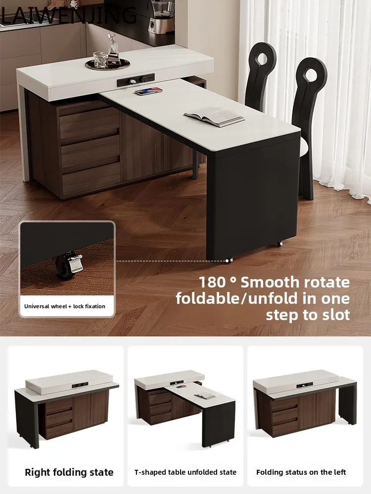 MJY French retro island table integrated rotatable retractable mid-island rock slab dining table