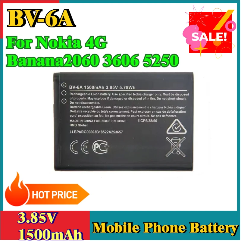 

New Rechargeable Mobile Phone Battery BV-6A 3.85V 1500mAh for Nokia 4G Banana2060 3606 5250