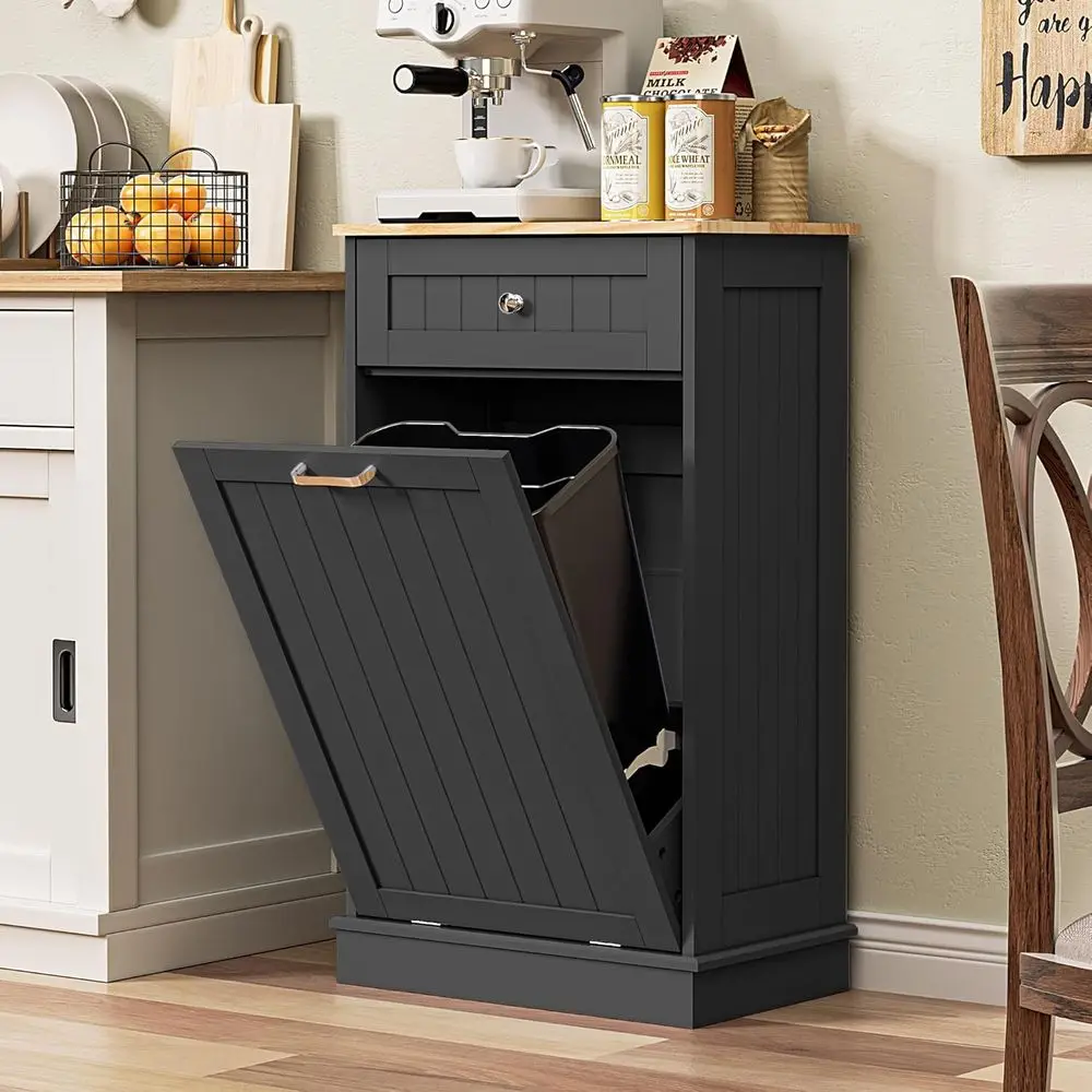 

Freestanding 13 Gallon Tilt-Out Trash Cabinet with Hideaway Drawer, Pet-Proof, for Kitchen and Living Room, Black
