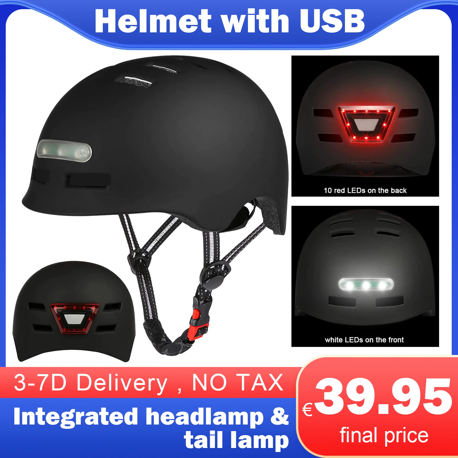 Electric Scooter Ebike Helmet Bicycle Cycling Sports Helmet with LED Linght USB Charging for Electric Bike, Mountain Bike