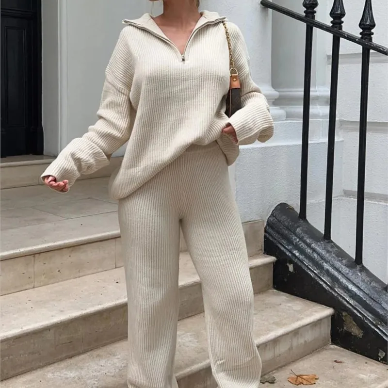 

2025 New Women's 2-Piece Lapel Knit Sweater Set Spring/Autumn Casual Soft Stretch Fabric Breathable & Comfort Daily Wear