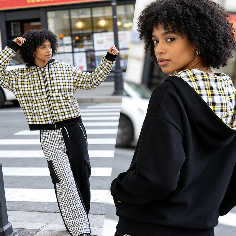 

Fashion Dopamine Contrast Casual Streetwear 2000s American Trends Check Positive Negative Wear Long Sleeved Loose Zipper Hoodies