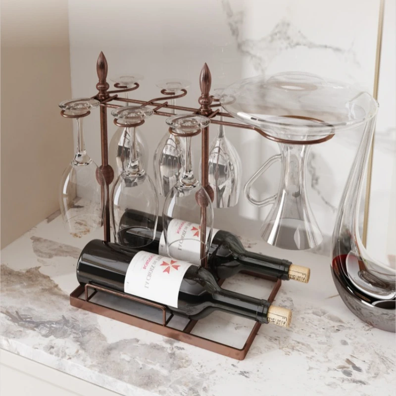 Retro Iron Multi-Functional Wine Rack with Decanter Stand, Luxury Living Room Display Shelf, Heat-Resistant Hanging Storage Unit