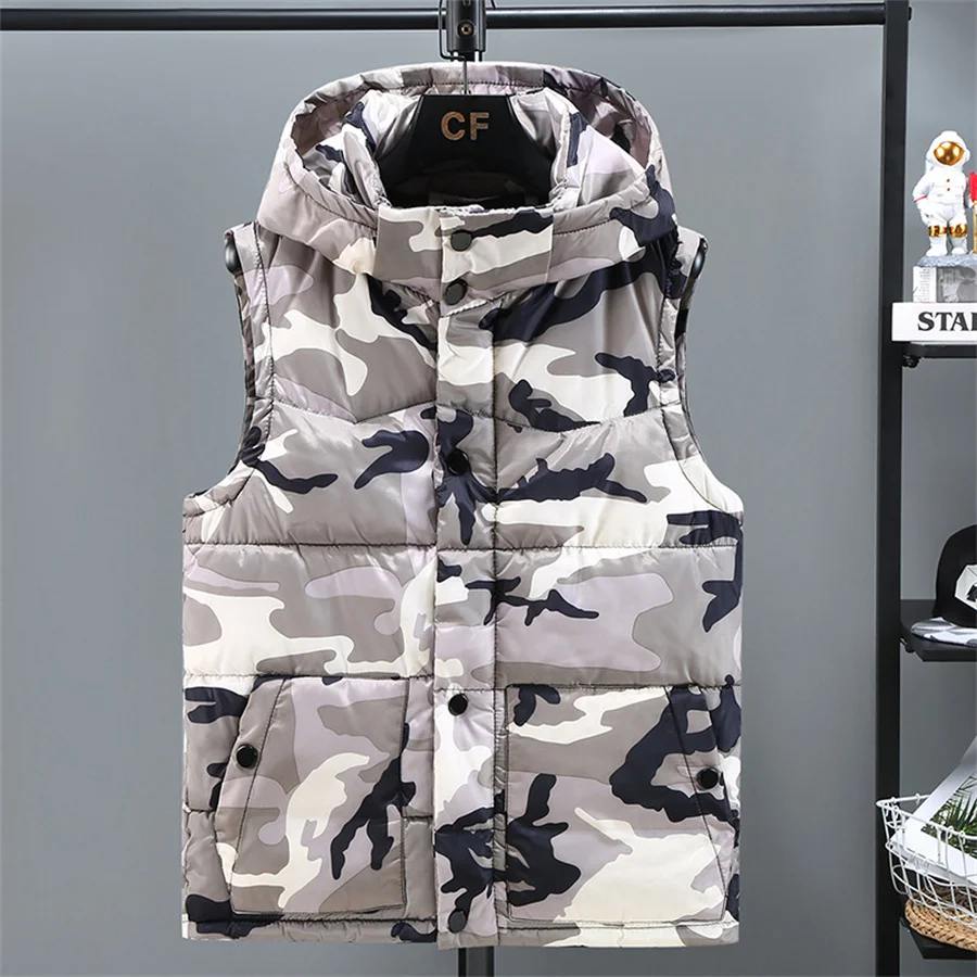 2024 New Men\'s Vest Winter Warm Thicken Sleeveless Jackets Padded Camouflage Hooded Waistcoat Men Clothes Male Coat Work Wear