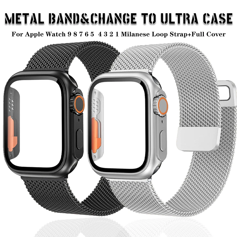 

Glass+Case+Band For Apple Watch Strap 44mm 40mm 45mm 41mm 45 44 41 40 mm Milanese Loop Bracelet Correa iWatch series 9 8 7 se 6