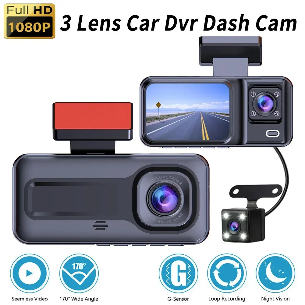 Car Dvr HD Recording Dash Cam Dashcam Front and Rear Camera 2.0 Inch Black Box Night Vision 3 Cameras Motion Detection 1080p