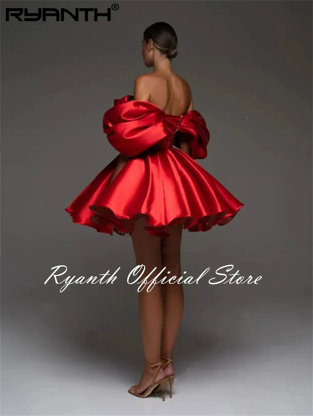 Ryanth Short Prom Dress Red Off The Shoulder Above Knee Satin Formal Evening Gowns Girl Vestidos De Graduación Pleat Party Dress