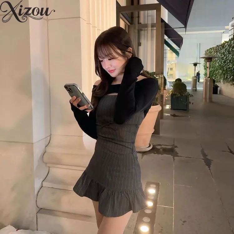 النمط الياباني المرأة ثلاث قطع مجموعة عمودي مخطط سليم صالح بروتيل كم طويل محبوك البنطال القصير تنورة صغيرة مجموعة الخريف