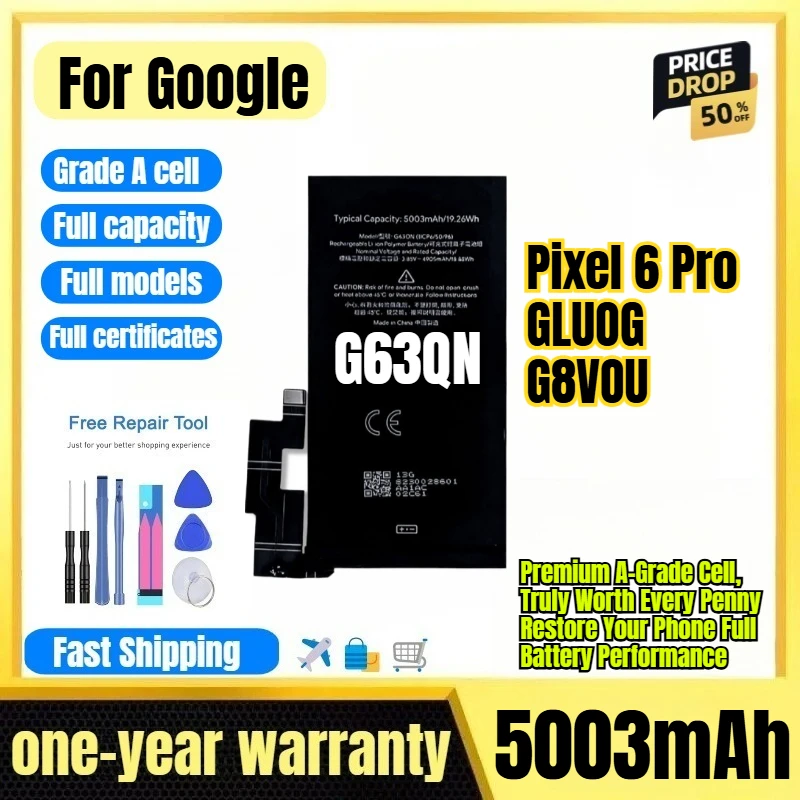 G63QN for Google Pixel 6 Pro/GLUOG/G8VOU Phone Battery 0 Cycle High Capacity Battery Replacement Bateria Grade A Cell with Tools