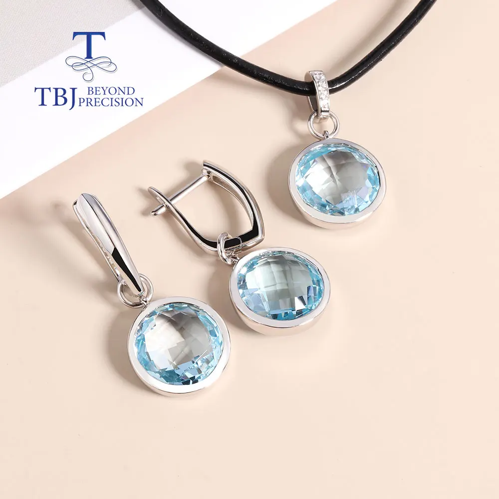 925 Silver Jewelry Set  RD 12mm Sky blue topaz briolette cut Natural Gems Fine JewelryNecklace Earring for women and girl gift