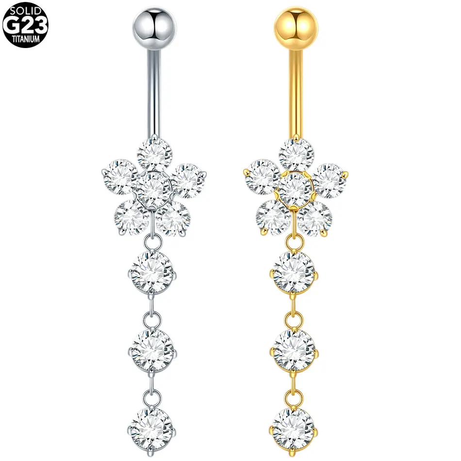1/5PCS Titanium Crystal Navel Nail Ring Drop Flower Dangle Belly Button Rings Curved Zircon Belly Barbell Piercing Women Men 14G