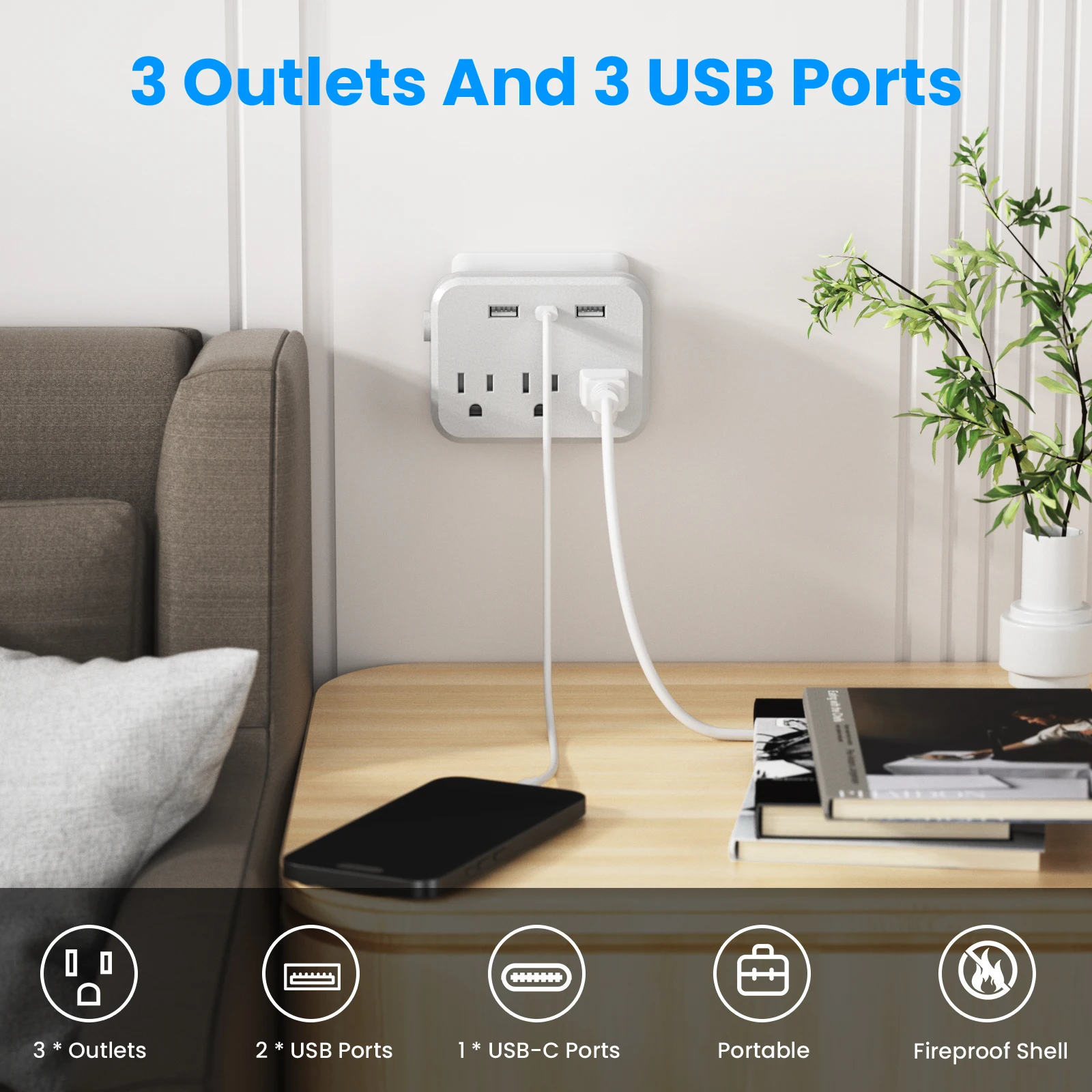 US Switch with surge protector Mini Portable Power socket 6-in-1 Multifunctional 3 sockets 2 USB ports 1 Type-C white