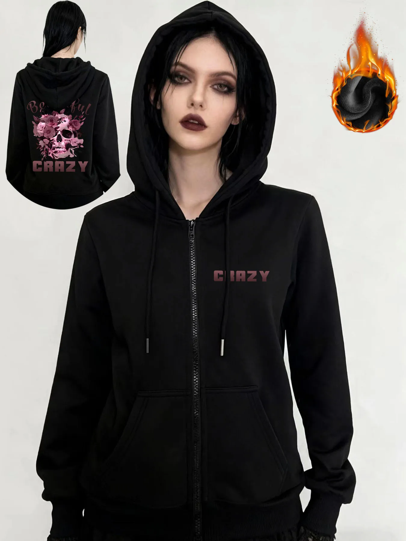 

Зимняя куртка Y2k с готическим принтом, толстая тяжелая бархатная черная куртка на молнии с капюшоном, тонкая темпераментная женская куртка в повседневном стиле для ленивых поездок на работу