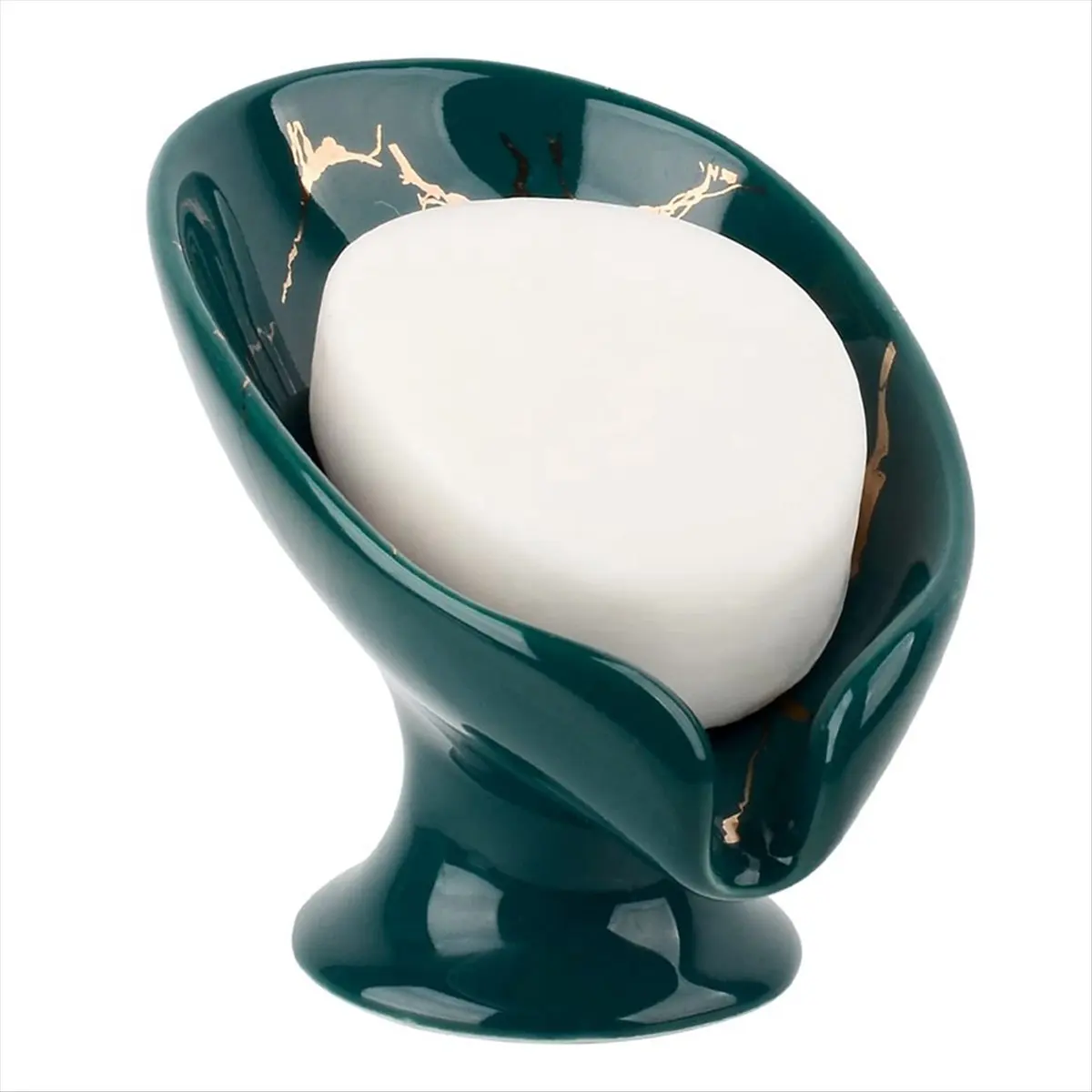 A56K Soap Dish, Ceramic Soap Holder Self Draining Marble Look Leaf-Shape Soap Dishes for Bathroom,Green