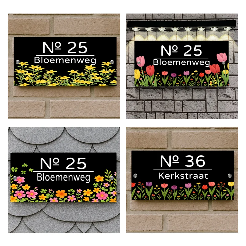 Custom Rose Floral House Number Sign, Outdoor Entrance Plaque, Matte Acrylic UV Printed Exterior House Numbers Plate