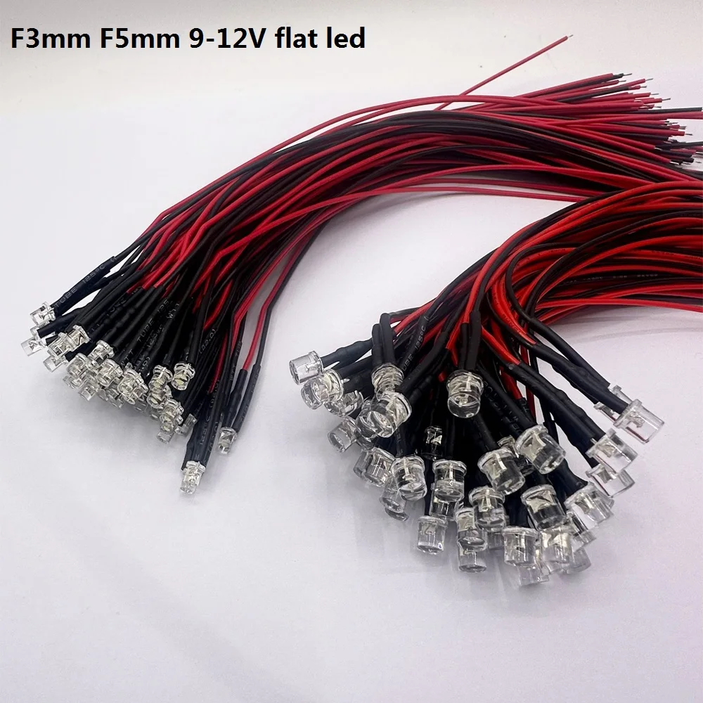 25pcs 3mm 5mm 9V-12V LED Red RGB Pre-Wired Water Clear flat led Light Emitting Diodes