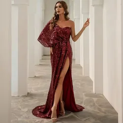 Bayan butik giyim parti elbise Lady 2024 yeni tek omuz düzensiz pullu kadınlar uzun parti elbise akşam Quinceanera