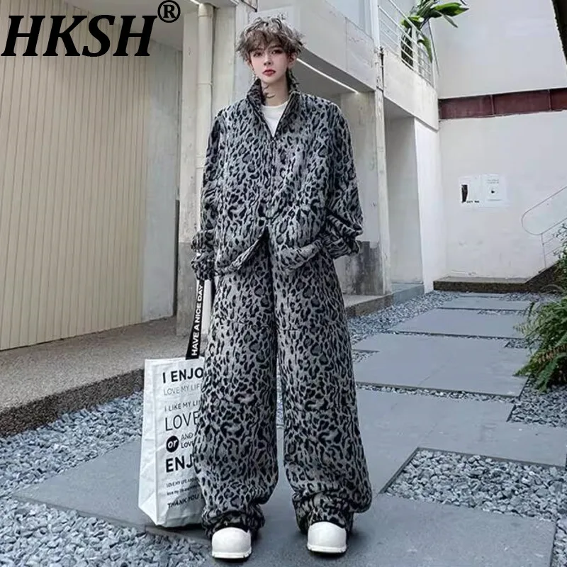 

HKSH осень зима мужской прилив леопардовый принт воротник-стойка двойная молния толстовка комплект модные широкие брюки с эластичной резинкой на талии HK15333