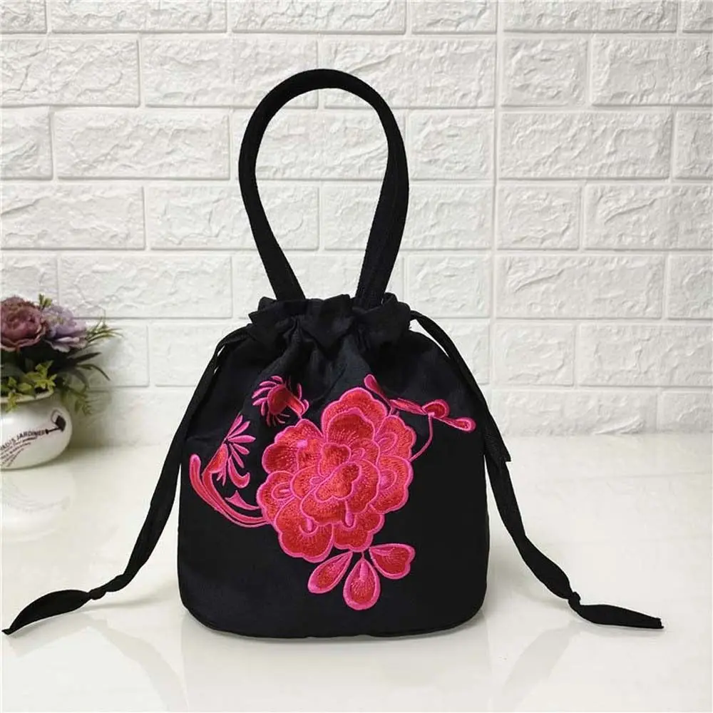 Satin Silk Hanfu Drawstrings Bag Ethnic Style Rose Flower Embroidery Flower Handbag Korean Storage Phone Bag Small Purse Wallet