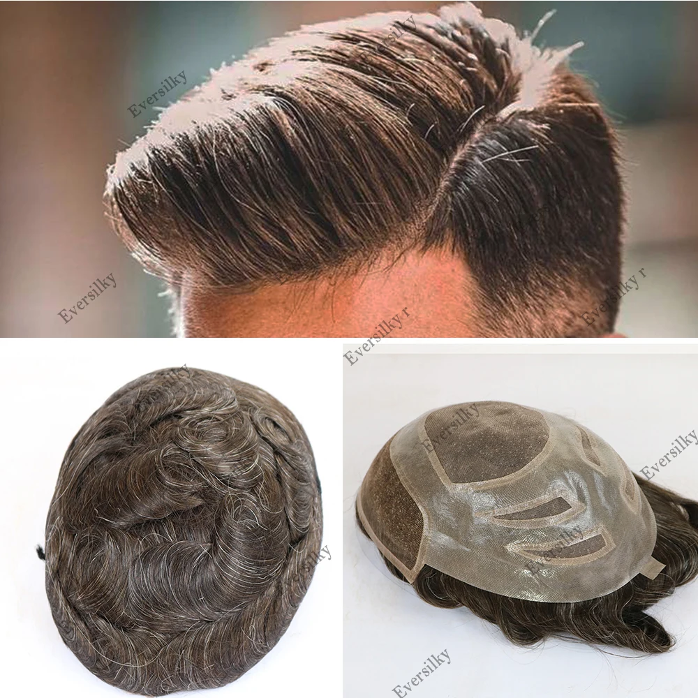 شعر بشري غير قابل للاكتشاف من الدانتيل الفرنسي المسامي من مادة البولي يوريثان الآسيوية بنسبة 100% # 340 عقدة شعر مستعار للرجال من أشقر رمادي داكن وبني داكن #6