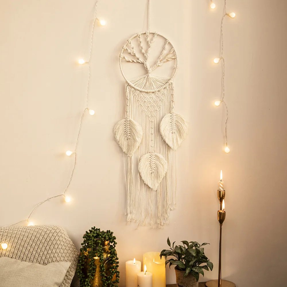 

Nordic Macrame Tapestry Life Tree Leaves Dream Catcher Wall Hanging Kids Bedroom Tassel Dreamcatcher Hanging Tapestry Home Room