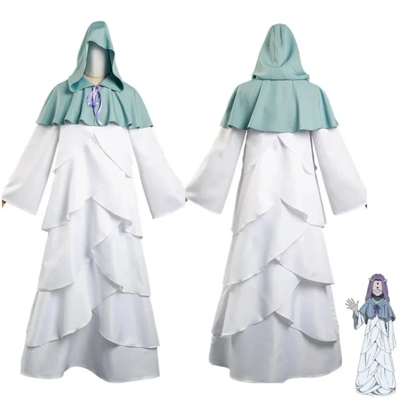 Anime The Promised Neverland Mujika Cosplay Costume Evil Blood Girl White Robe Dress Hooded Scarf Man Woman Halloween Suit OI470