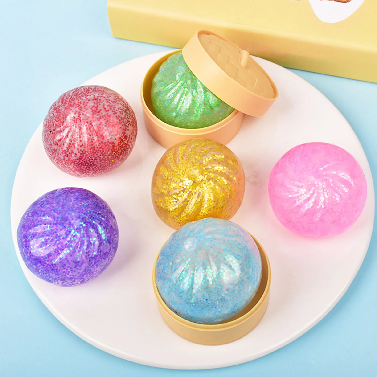 New 12pcs Set Glitter Dumpling Squishy with Box Dumplings Sensory Squeeze Toy for Stress Relief Fans Gifts for Adults And Kids