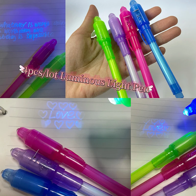 4pcs/lot Luminous Light Pen Magic Purple 2 In 1 UV Black Light Combo Drawing Invisible Ink Pen Learning Education Toys For Child