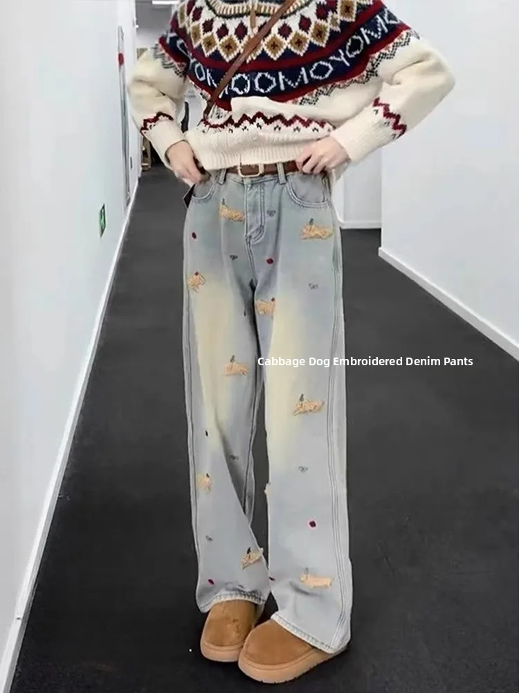 

Прямые джинсы больших размеров с высокой талией, женские осенне-зимние свободные брюки для похудения, широкие брюки, повседневные повседневные джинсы