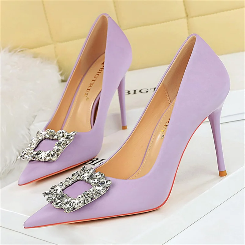 Women 10cm High Heels Satin Silk Dress Bling Crystal Rhinestone Buckle Pumps Lady Wedding Bridal Scarpin Purple Peach Blue Shoes