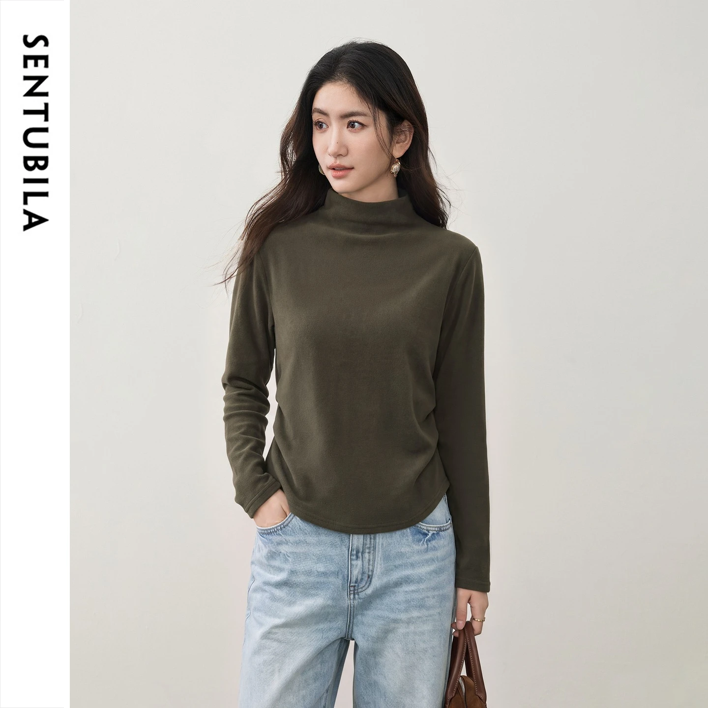 SENTUBILA Women's Long Sleeve Tops Mock Neck Cropped Slim Blouse 2026 Autumn Versatile Commuter Basic Woman Clothing W64SF8667
