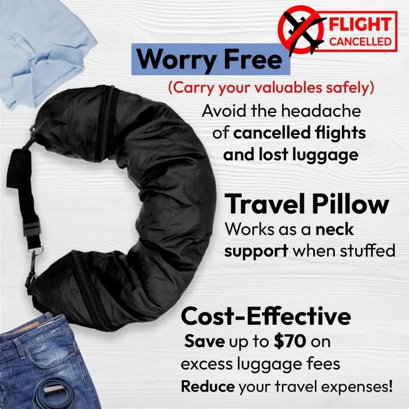 Travel Neck Pillow That You Stuff with Clothes - Avoid Excess Luggage fees. Doubles as a Carry-On and Extra Luggage