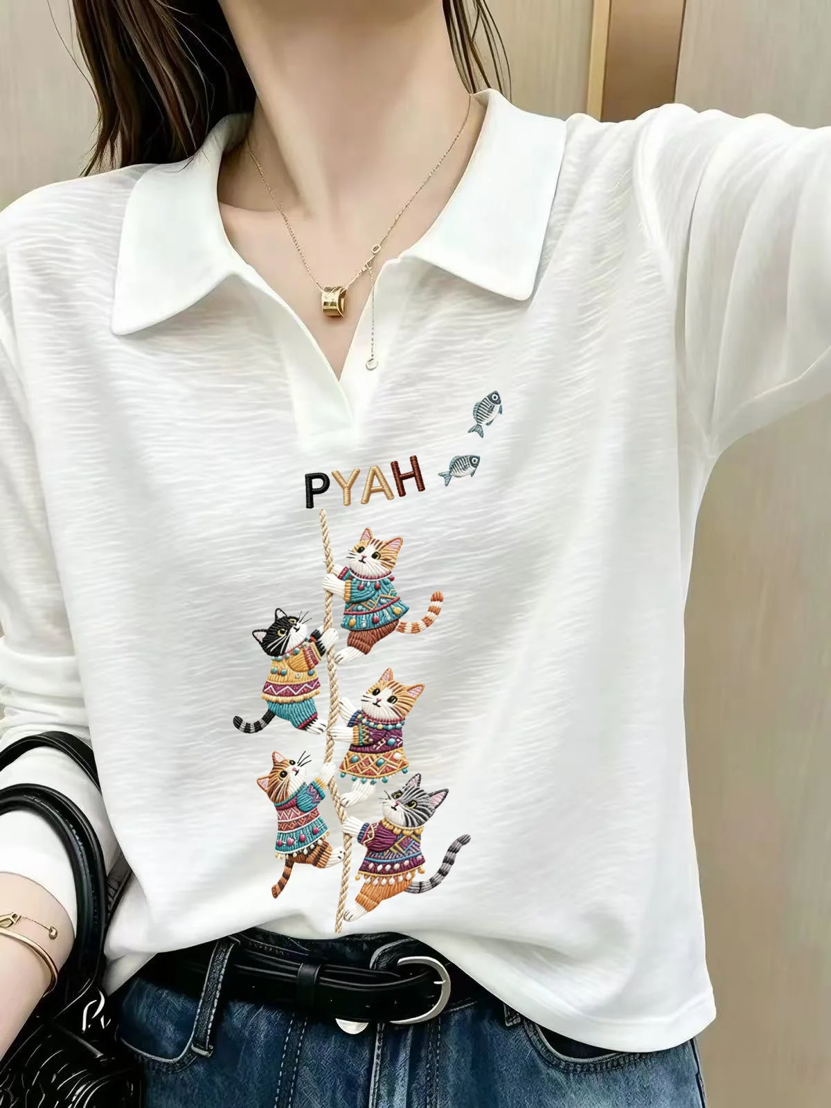 Long Sleeve Bamboo Cotton T-Shirt Women's Early Autumn New Style  Collar Printed Design Casual Comfortable Korean Version