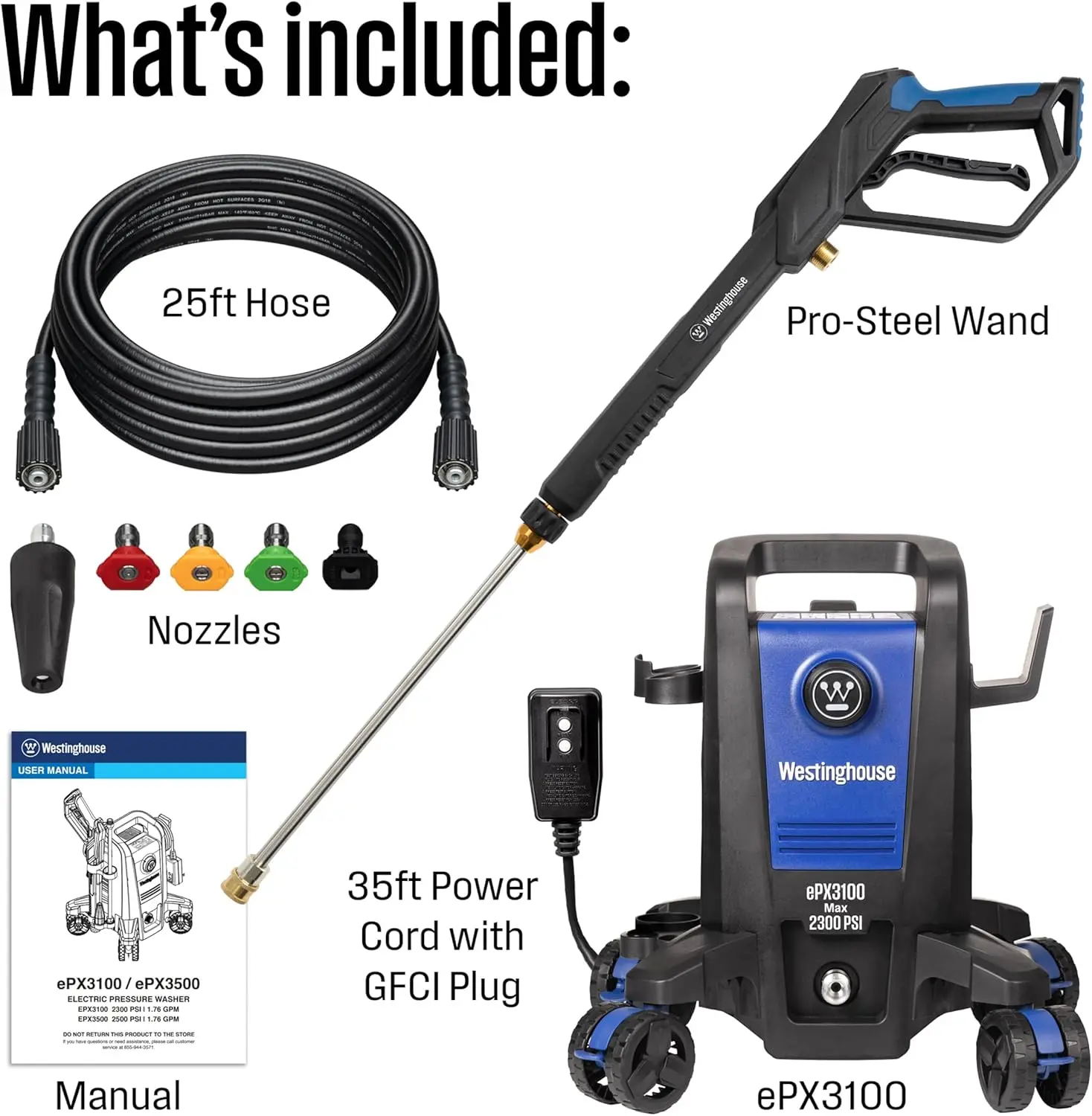 ePX3100 Electric Pressure Washer, 2300 Max PSI 1.76 Max GPM with Anti-Tipping Technology, Onboard Soap Tank, Pro-Style Steel Wan