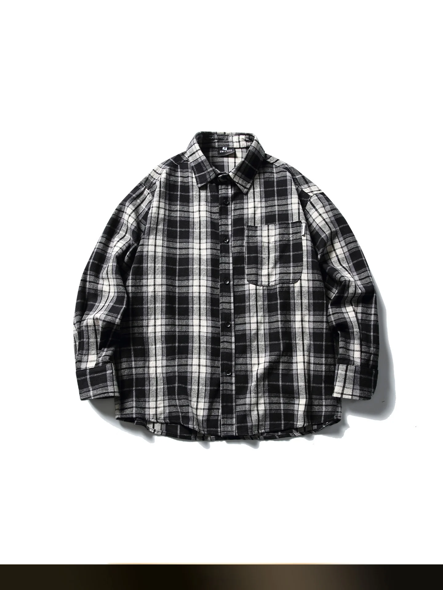

Retro Contrast Color Splicing Black White Grid Collar Shirt Men's Casual Style Couple's Shirt Cotton Long Sleeve Autumn Wear