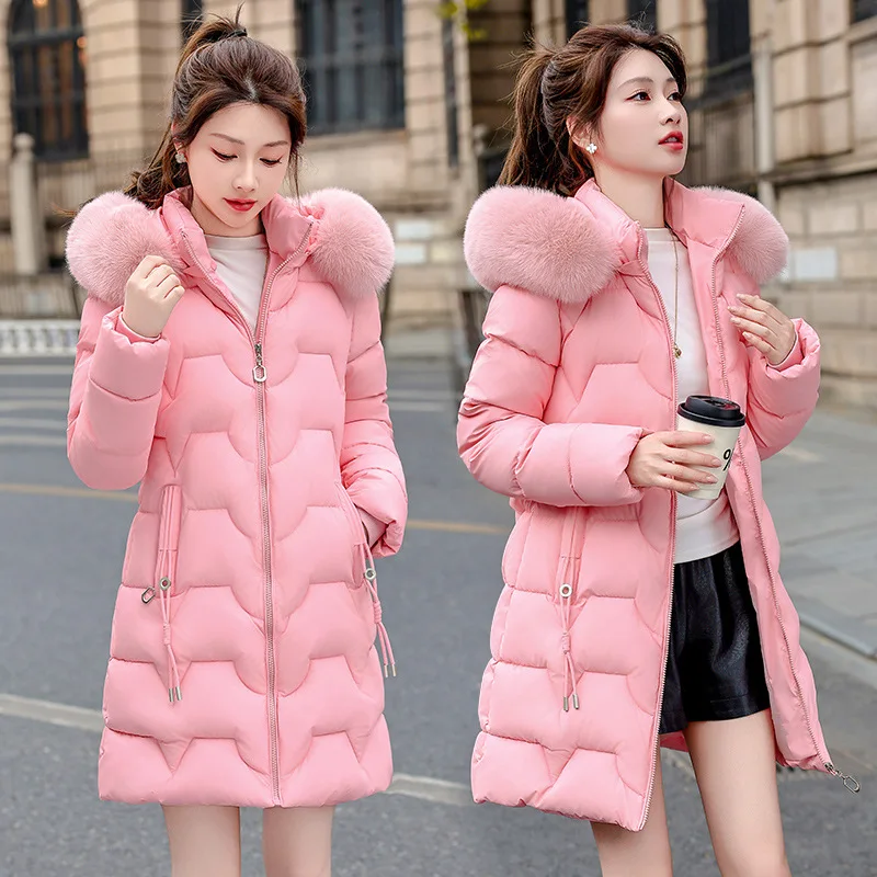 Women Mid Lenth Parkas Coat Hooded Oversize Jacket Solid Zipper Fur Collar Full Sleeve Slim Thick Office Lady Casual 2025 Winter