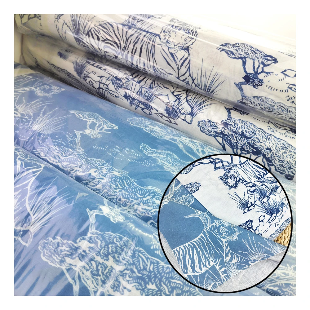 Ready for Delivery Stock Fabric White & Blue Tigers Printed Woven 55% Linen 45% Cotton Blended   Clothes