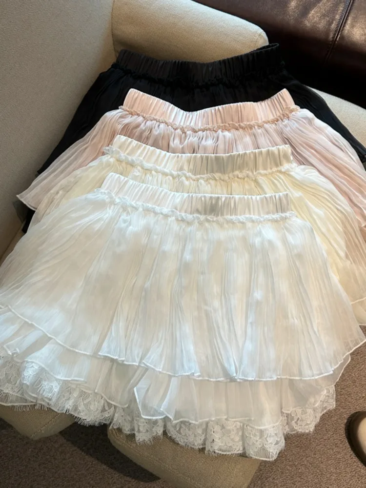 Sweet Style Lace Trim Mesh Cake Skirt Women's Summer New High Waist Slimming Fluffy Half Skirt A-Line Short Skirt