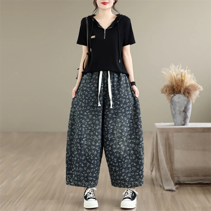 

Loose Floral Print Casual Pants Women's plus Size Spring Summer New Style Nine Points Harlan Wide Leg Pants Comfortable Fit