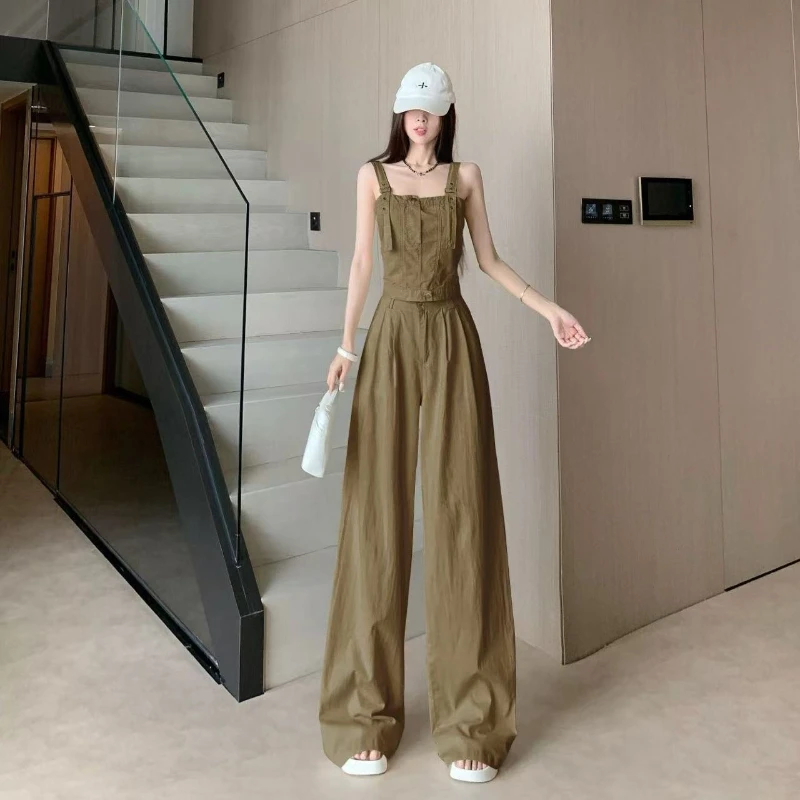 

Fashionable spicy girl two-piece set women's summer new design sense retro camisole+high waist solid casual wide leg pants