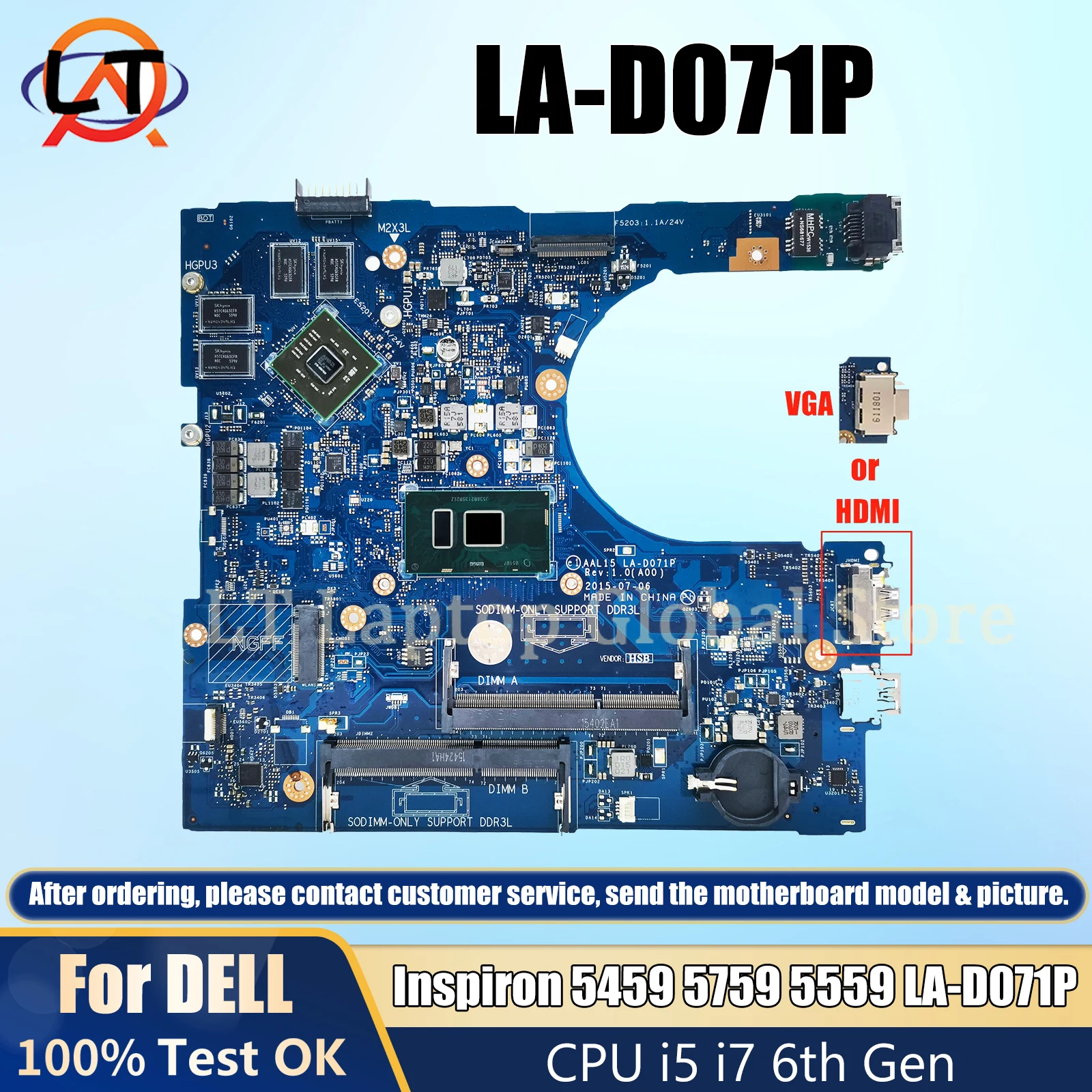 LA-D071P Laptop Motherboard For Dell Inspiron 5459 5759 5559 CN-0F1J0W Mainboard With CPU I3 I5 I7 6th Gen tested good