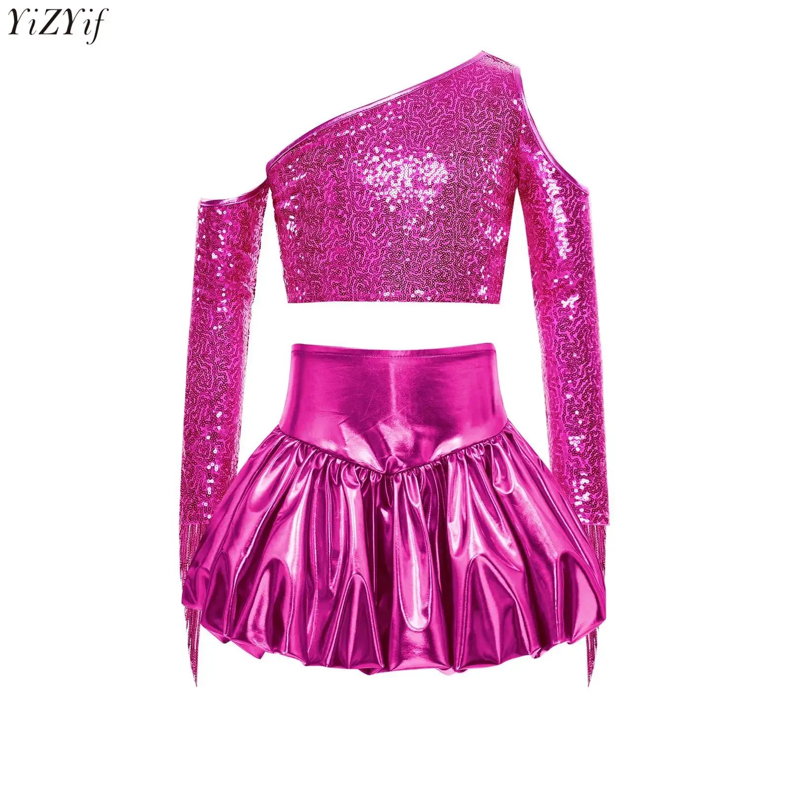

Girl Jazz Dance Costume Two-Piece Set Sequins Tassels Sequins Crop Top with Bubble Skirt Modern Latin Jazz Dancing Stage Costume